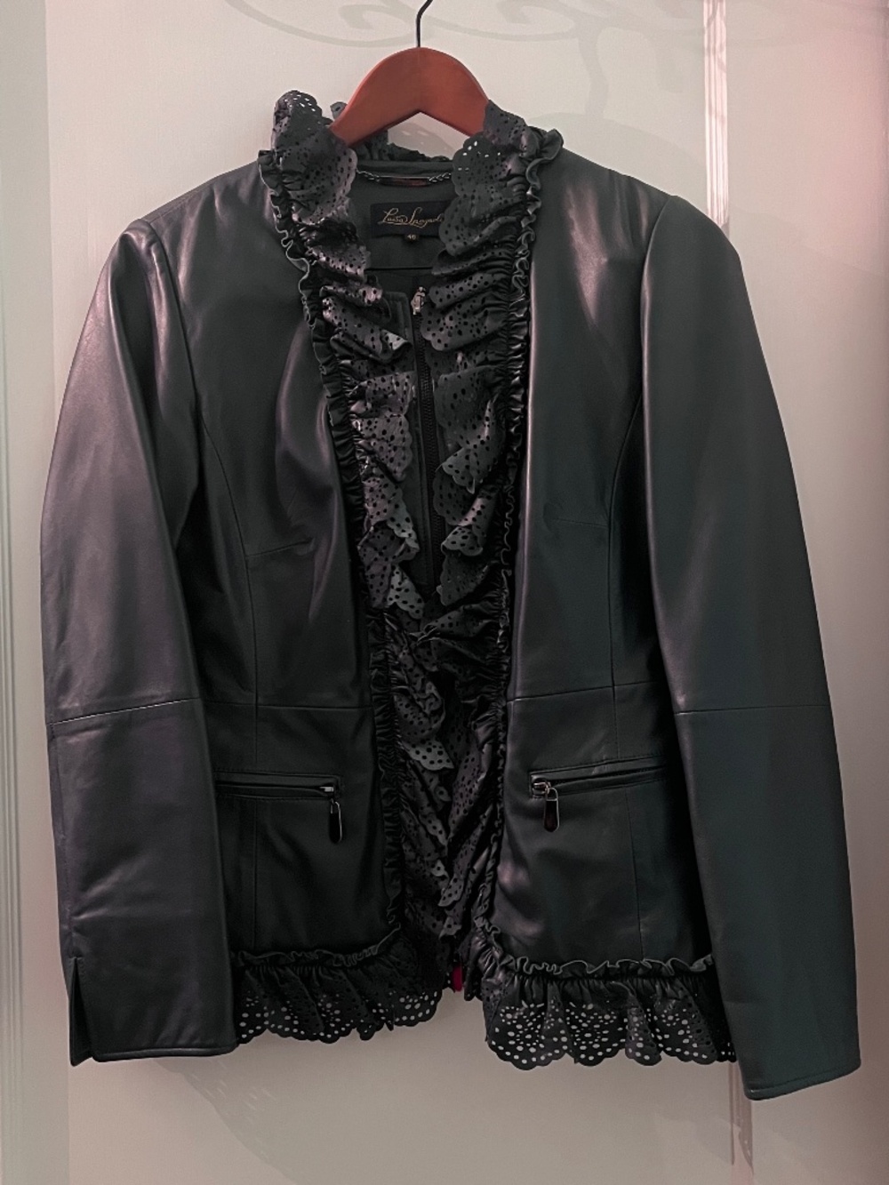 Luisa Spagnoli teal genuine leather jacket ruffled accents 46 EU NWOT